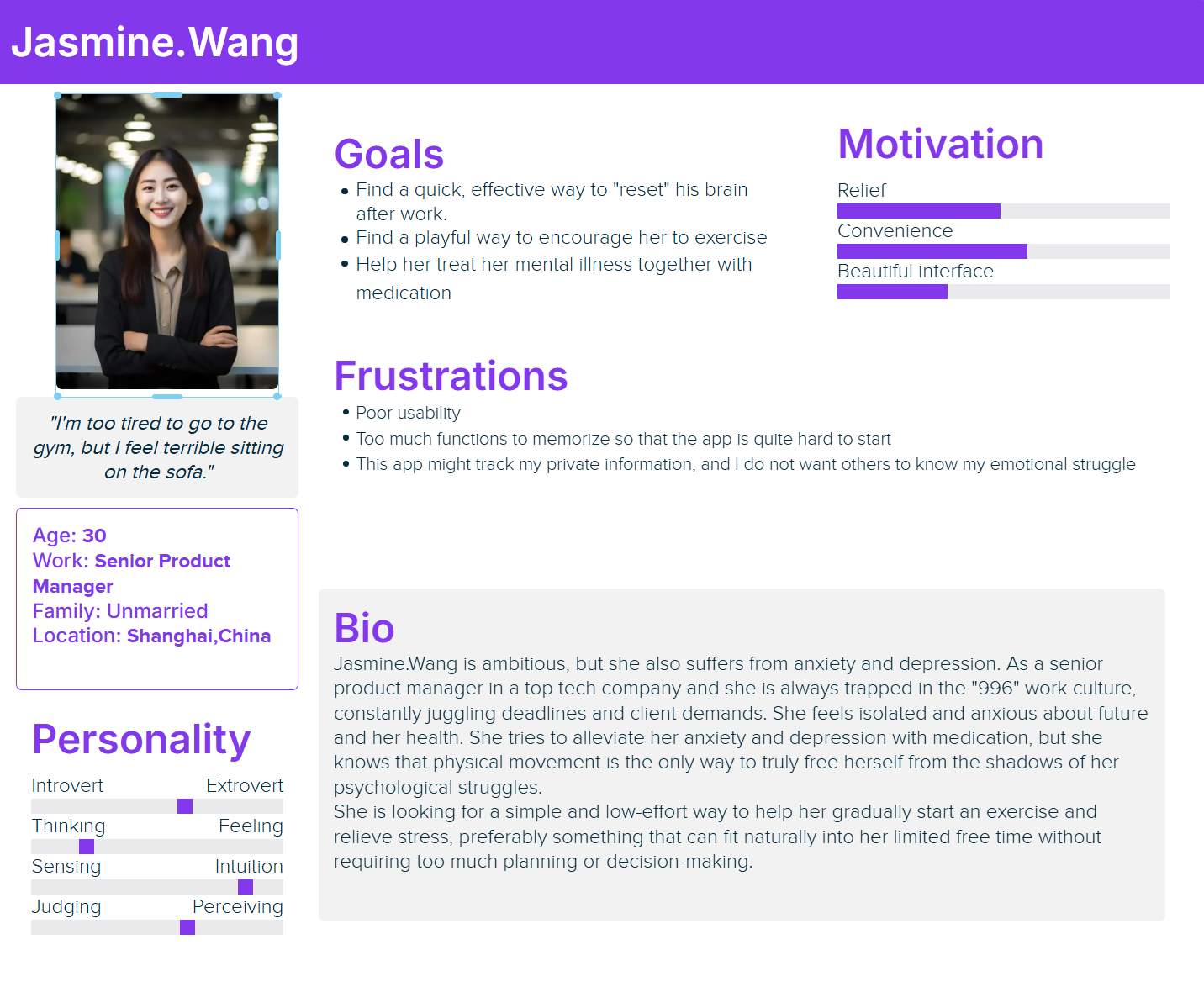Secondary user persona board for Jasmine Wang